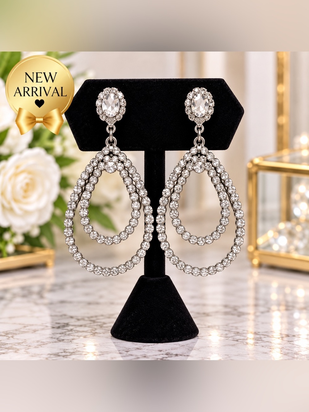 ✨ Silver-Tone Crystal Double Teardrop Statement Earrings ✨